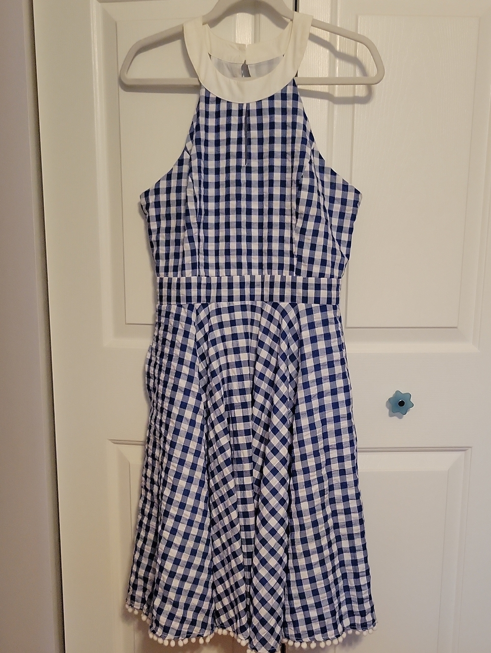 Blue and White Gingham Midi Dress with Contrast Neckline